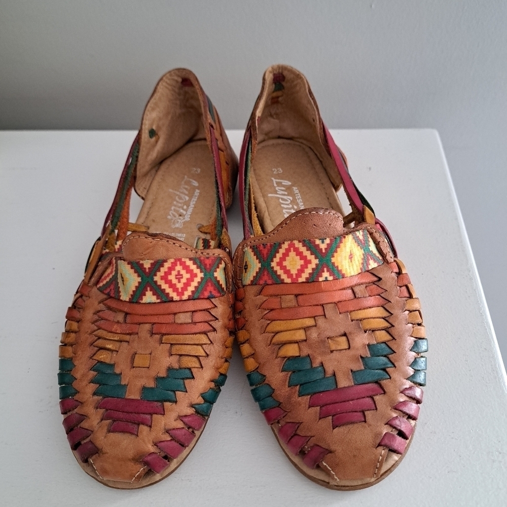 Artesanias Lupita Leather Wedge slip on Shoes sandals AZTEC Southwestern Artsy 6 - Picture 8 of 11